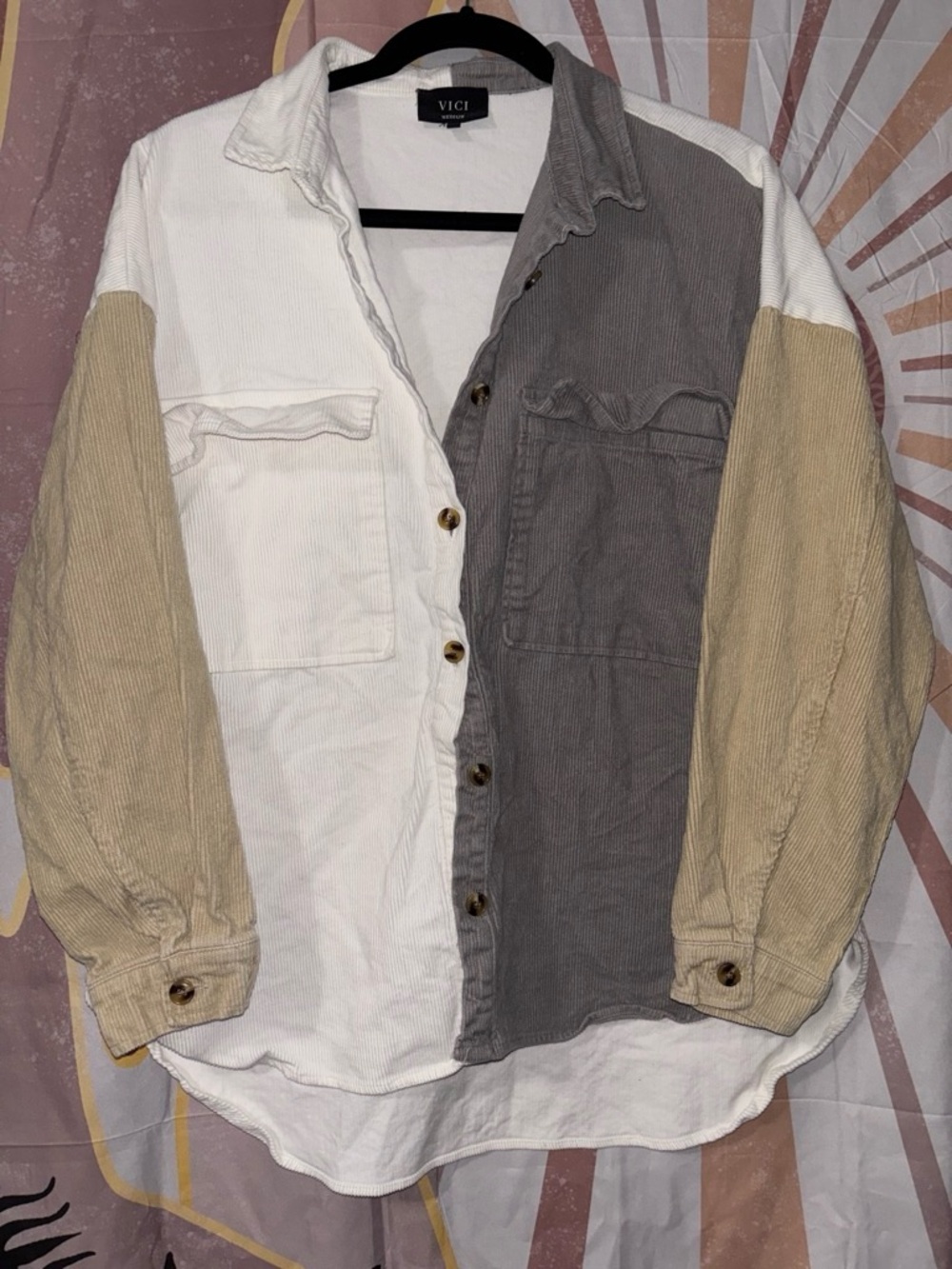 VICI Women’s boho vibe Colorblock Corduroy Shirt Jacket in White, Gray & Beige